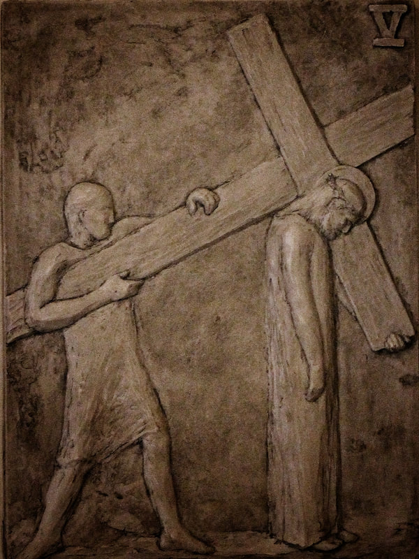 Fifth station: The cross is laid on Simon of Cyrene.